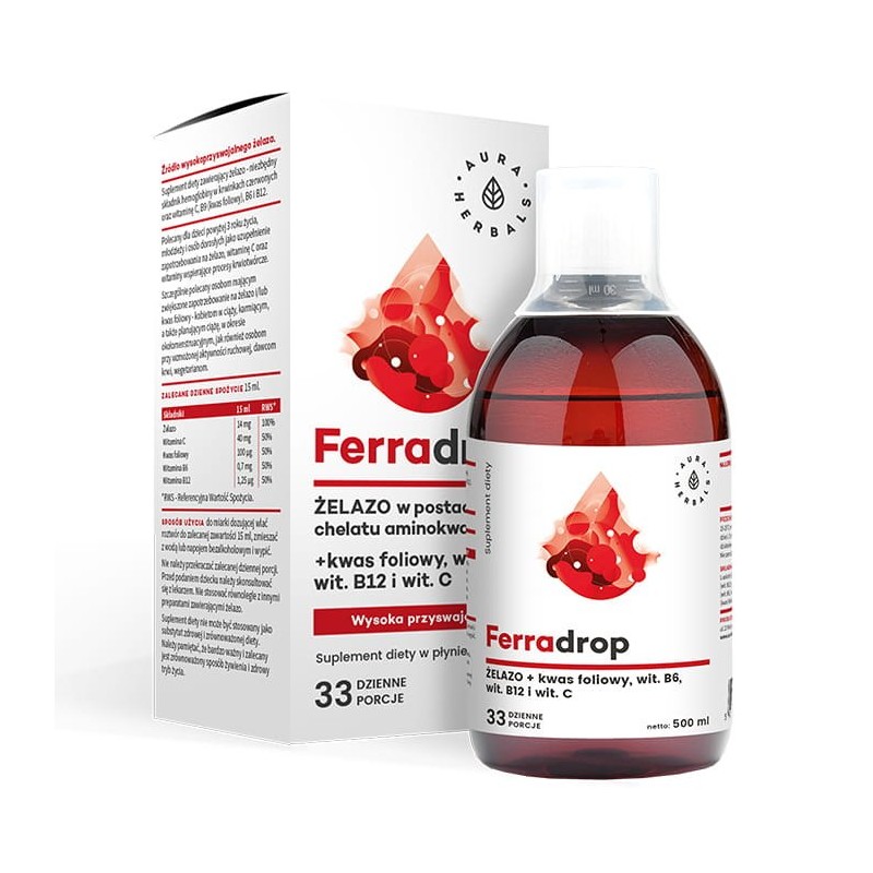 AURA HERBALS Ferradrop - Żelazo + Kwas Foliowy w płynie (500 ml)