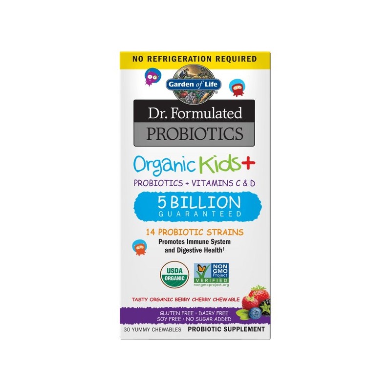 GARDEN OF LIFE Organic Kids + Probiotics + Vitamins C & D - smak jagodowo-wiśniowy (30 tabl.)