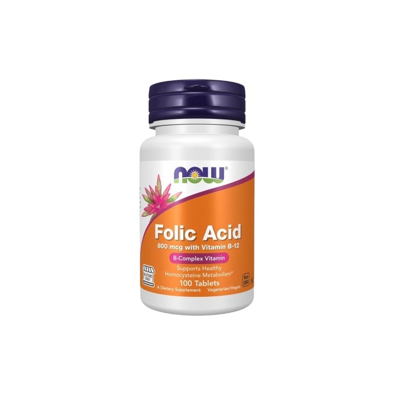 NOW FOODS Folic Acid - Kwas foliowy 800 mcg + Witamina B12 25 mcg (100 tabl.)