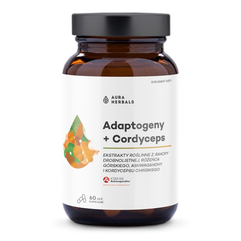 AURA HERBALS Adaptogeny, ekstrakty roślinne + Cordyceps (60 kaps.)