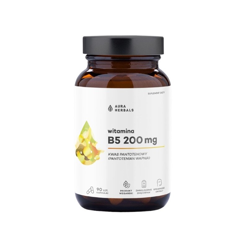 AURA HERBALS Witamina B5 200 mg, kwas pantotenowy (90 kaps.)