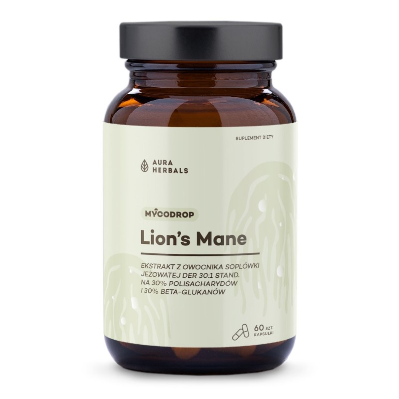 AURA HERBALS Mycodrop, Lion’s Mane 30:1, 30% beta-glukan (60 kaps.)