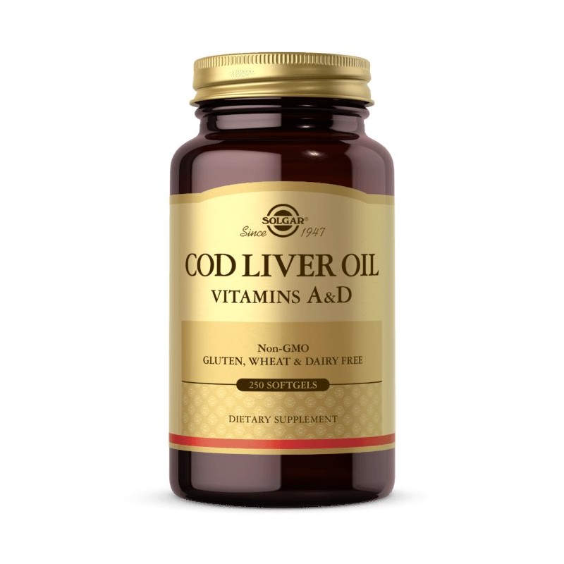 SOLGAR Cod Liver Oil - Vitamins A&D - Tran dorszowy - Suplement Witaminy A i D (250 kaps.)