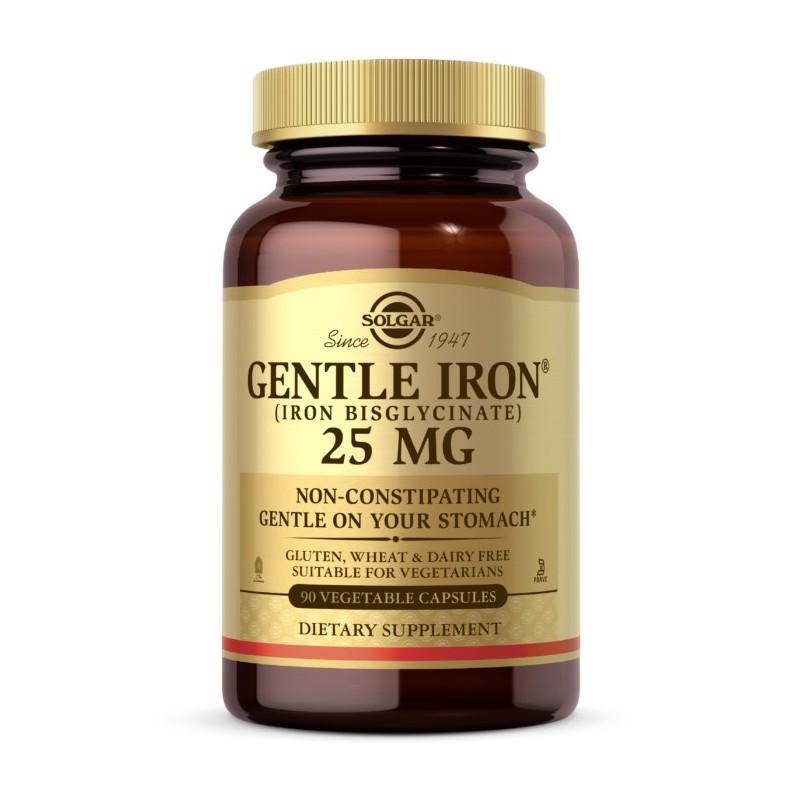 SOLGAR Gentle Iron 25 mg - Łagodny związek żelaza - diglicynian żelaza (90 kaps.)