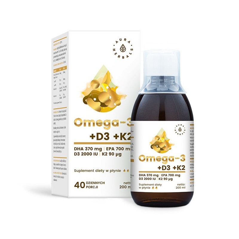 AURA HERBALS Omega-3 (370 DHA) + D3 (2000 IU) + K2MK7 w płynie (200 ml)