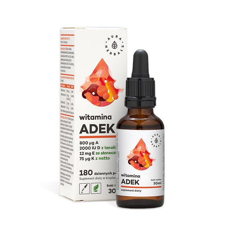 AURA HERBALS Witamina A + D3 (2000 IU) + E + K2 MK7 (ADEK) krople (30 ml)
