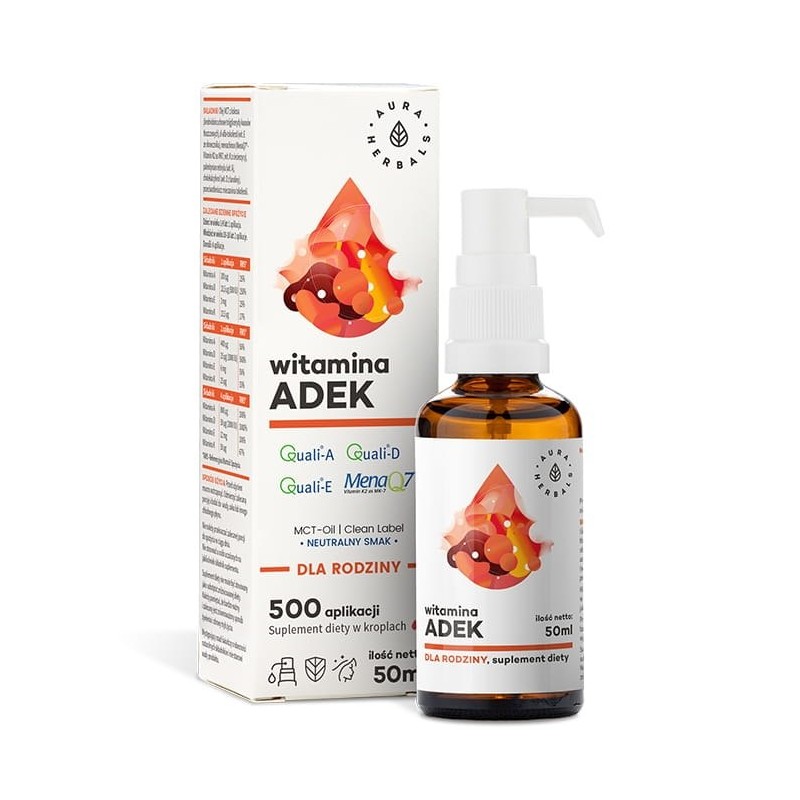 AURA HERBALS Witamina A + D3 + E + K2 MK7 (ADEK) - dla rodziny (50 ml)