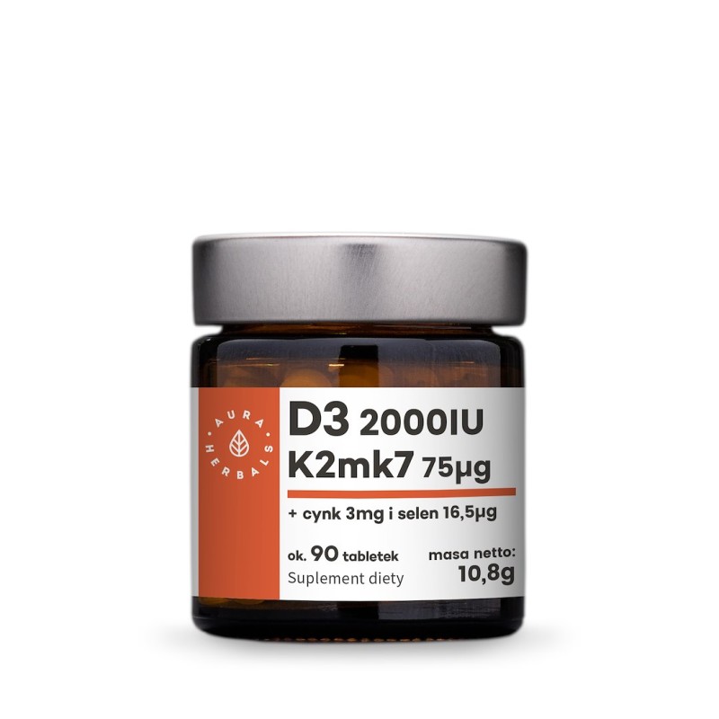 AURA HERBALS Witamina D3 (2000 IU) + K2mk7 + Cynk + Selen (90 tabl.)
